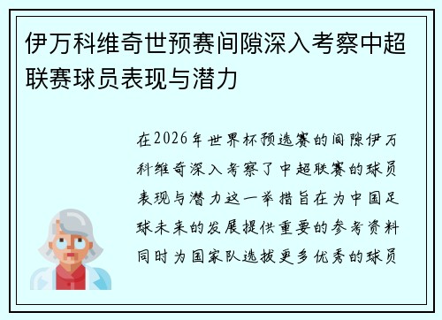 伊万科维奇世预赛间隙深入考察中超联赛球员表现与潜力