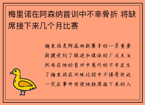 梅里诺在阿森纳首训中不幸骨折 将缺席接下来几个月比赛 梅里诺在阿森纳首训中不幸骨折 将缺席接下来几个月比赛